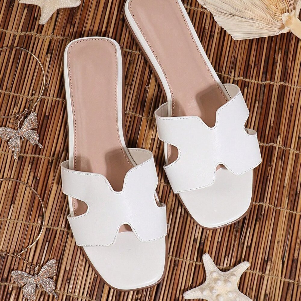 White Casual Women's Harness Cutout Pu Slides